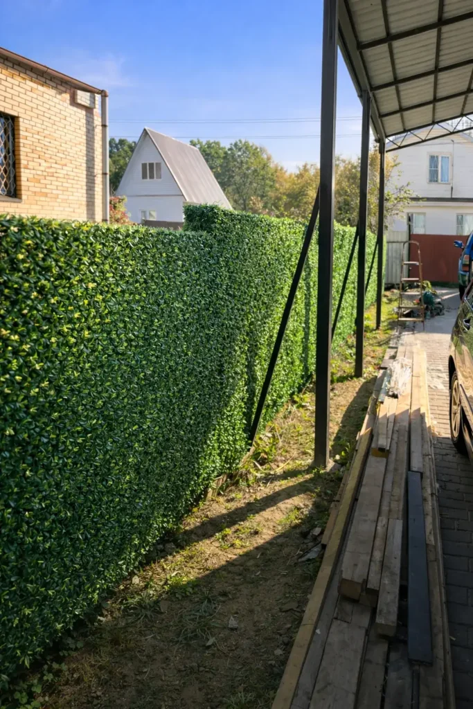 Декоративна зелена огорожа зі штучної хвої висотою 1,5 м на приватній території біля зони відпочинку