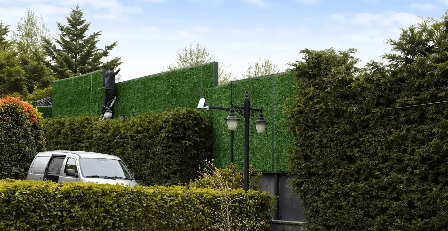 Монтаж декоративного паркану зі штучної хвої на металевій огорожі