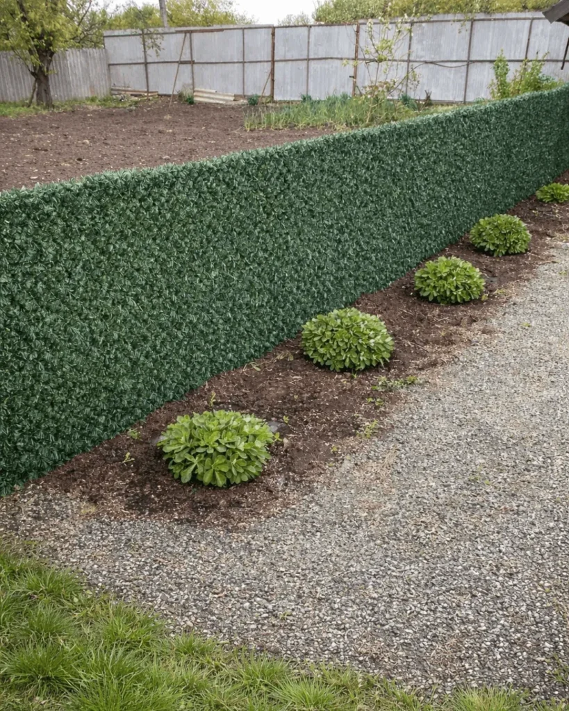 Темно зелений декоративний паркан на сітці рабиця на садовій ділянці