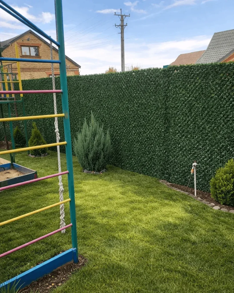 Темно зелений декоративний паркан зі штучної хвої на сітці рабиця біля дитячого майданчика