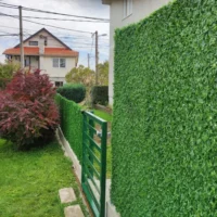Зелений декоративний паркан на сітці рабиця біля будинку та хвіртки